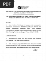 Surat Pekeliling Perkhidmatan KPM Bilangan 01 Tahun 2015: Pelaksanaan Pemberian Cuti Rehat Khas (CRK) Yang Dinikmati Oleh Pegawai Perkhidmatan Pendidikan (PPP) .