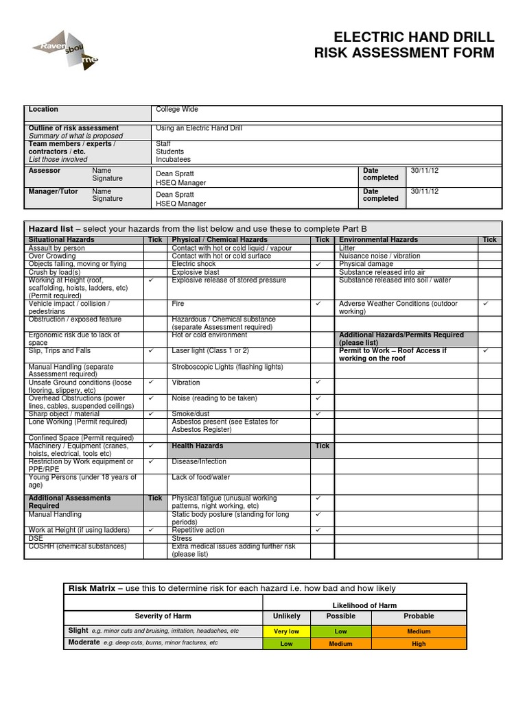 Electric Hand Drill Risk Assessment Form | PDF