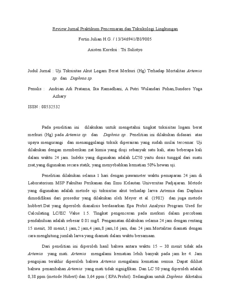 Review Jurnal Praktikum Pencemaran Dan Toksikologi Lingkungan Pdf
