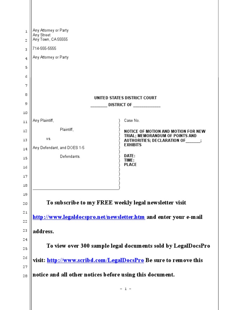 Sample Motion for New Trial Under Rule 59(a) Federal Rules Of Civil