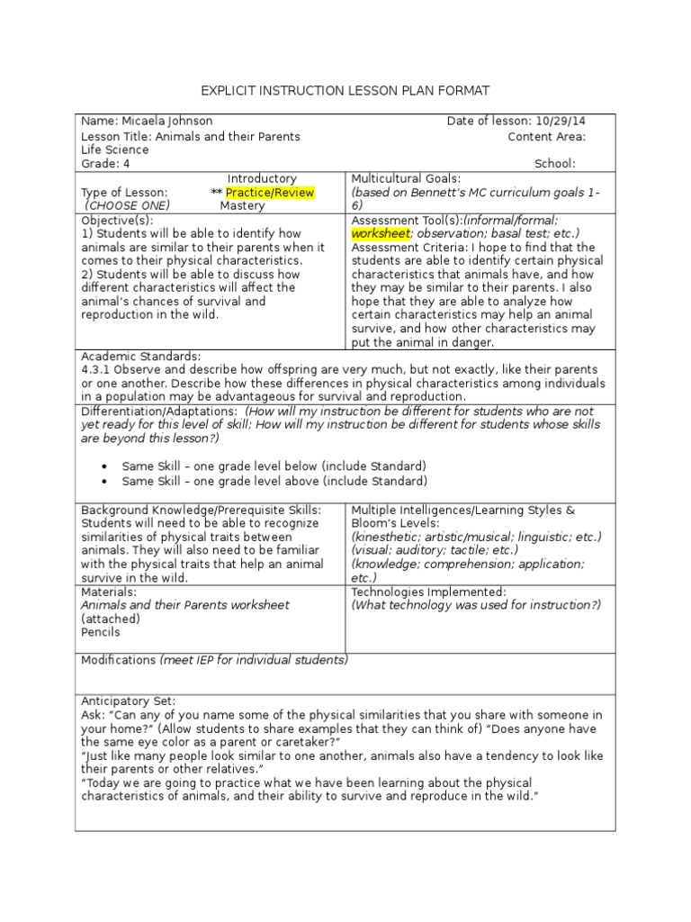Lesson Plan 1 (Animals and Their Parents) | Educational Assessment