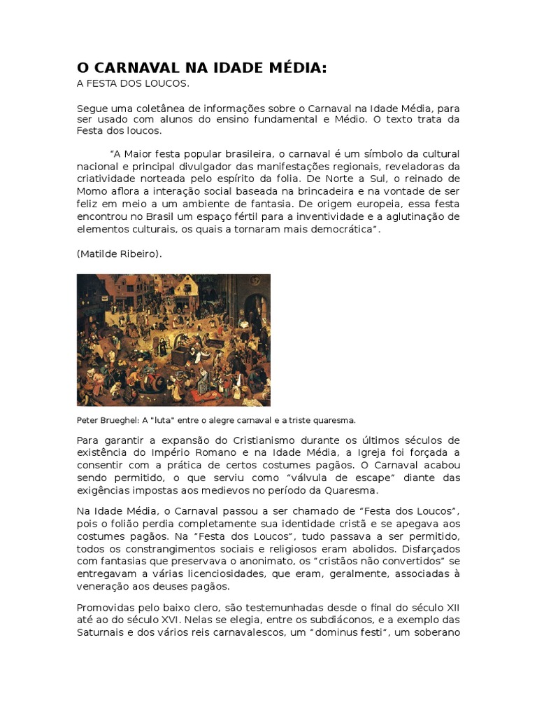 Carnaval Medieval: A Festa dos Loucos | PDF | Carnaval | Alta Idade Média
