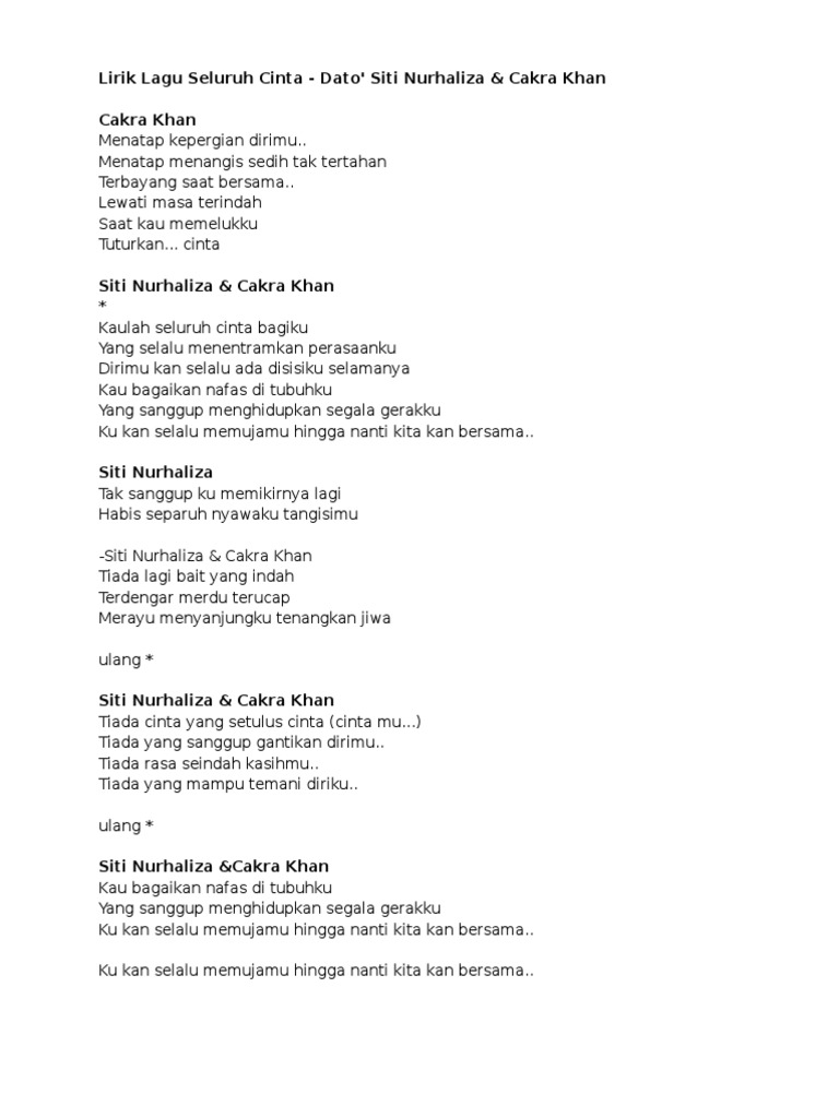 Lirik Lagu Seluruh Cinta Dato Siti Nurhaliza Cakra Khan lirik lagu seluruh cinta dato siti