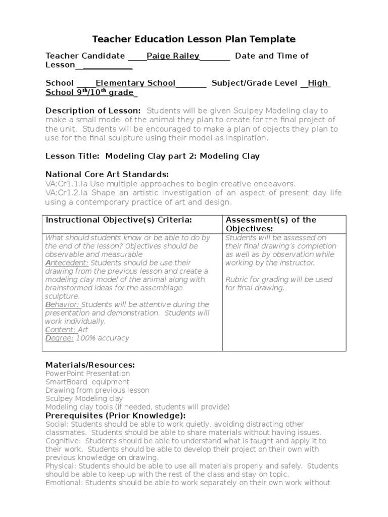 High School Modeling Clay Project Plan | PDF | Lesson Plan | Education ...