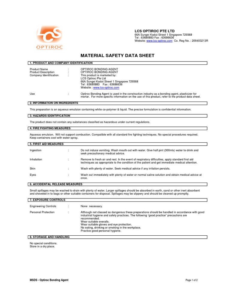 MSDS Others Optiroc Bonding Agent Download Free PDF Materials