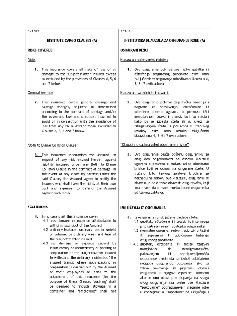 Institute Cargo Clauses (A) summary PDF Insurance Indemnity