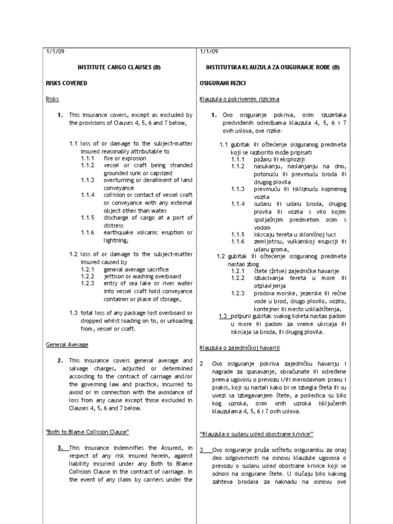 Institute Cargo Clauses (B) Summary PDF Insurance Water Transport