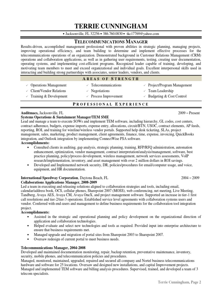 project manager resume telecommunications