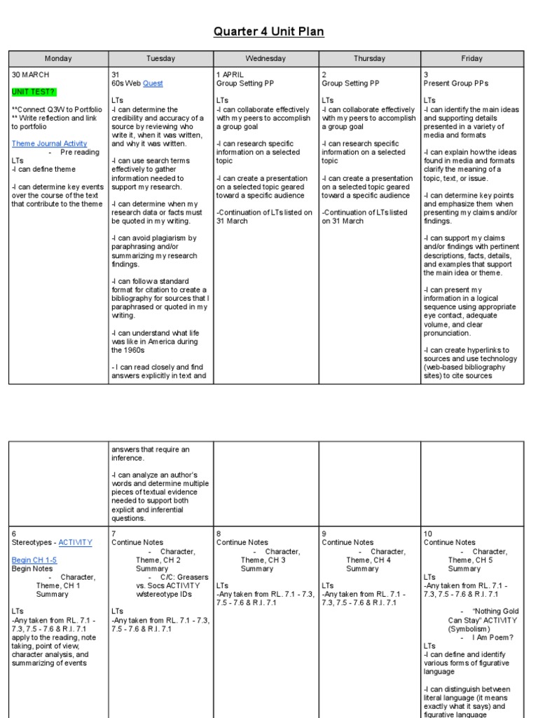 Unit 4 Calendar PDF Narration Narrative