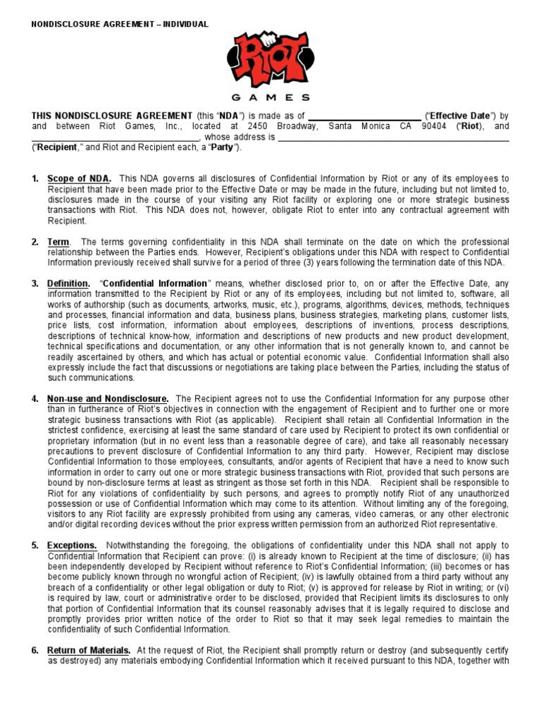 Riot Games Individual NDA Agreement | PDF | Non Disclosure Agreement ...