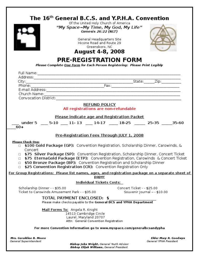 2008 General BCS and YPHA Convention Pre-Registration Form | PDF | Business