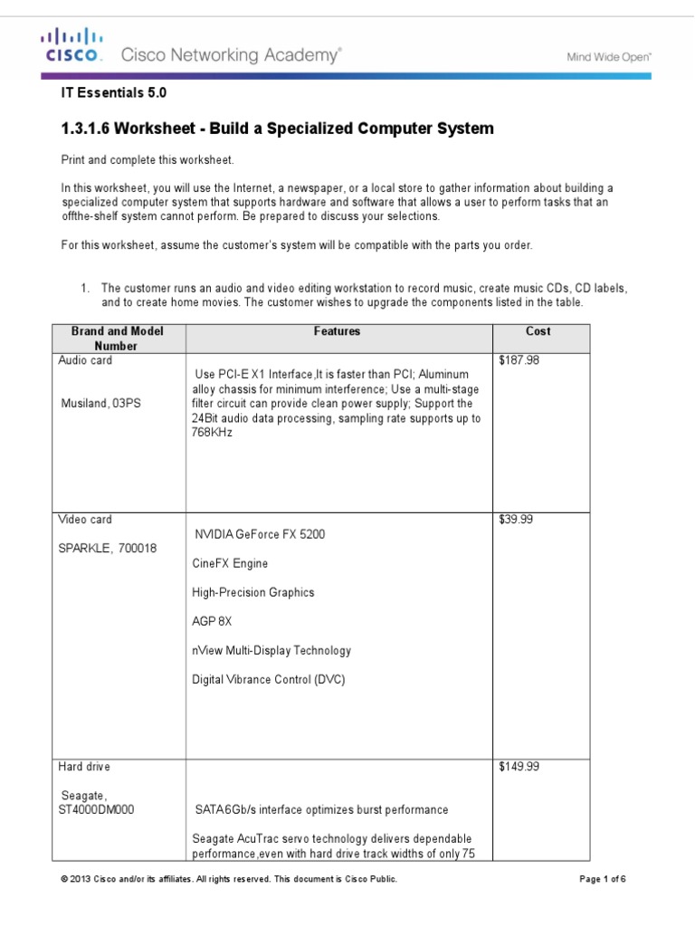 1 3 1 6 Worksheet Build A Specialized Computer System Pdf Graphics Processing Unit Personal Computers