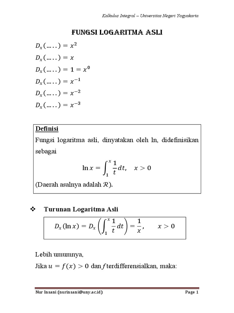 Fungsi Logaritma Asli Definisi