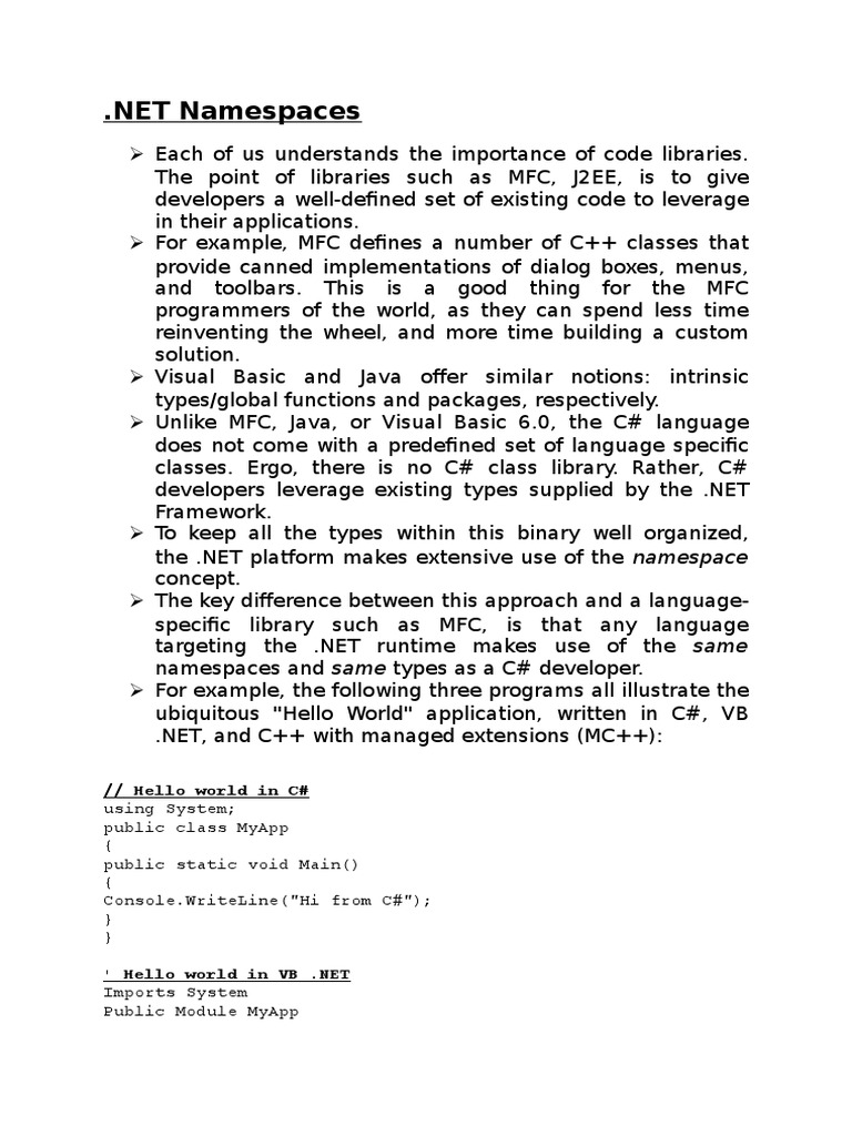 Hello World in C#: Using System Public Class Myapp (Public Static Void ...