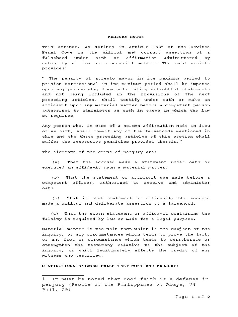 Perjury Notes Perjury Common Law