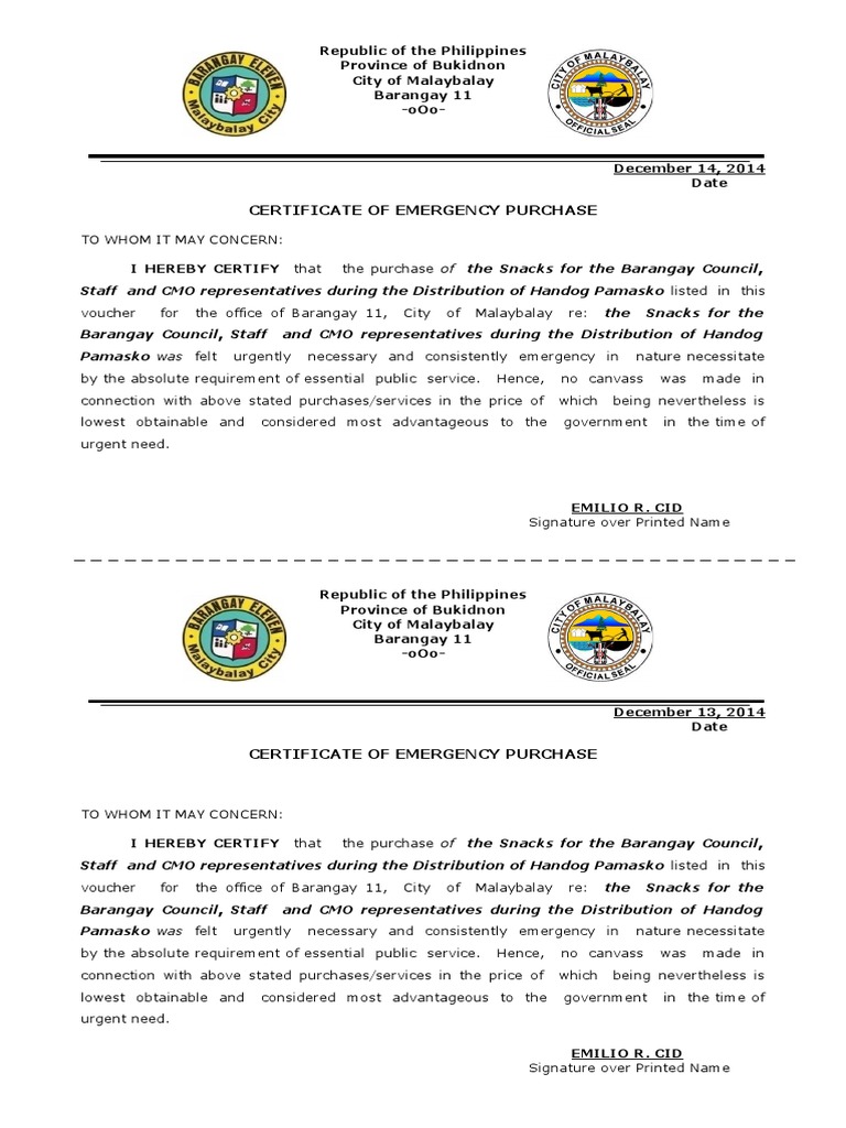 Certificate of Emergency Purchase | PDF | Business | Nature