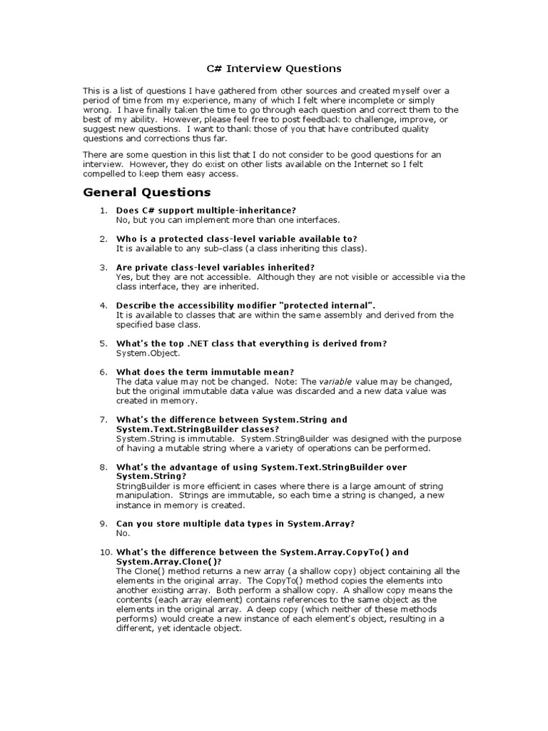 C# Interview Questions Guide | PDF | Method (Computer Programming ...