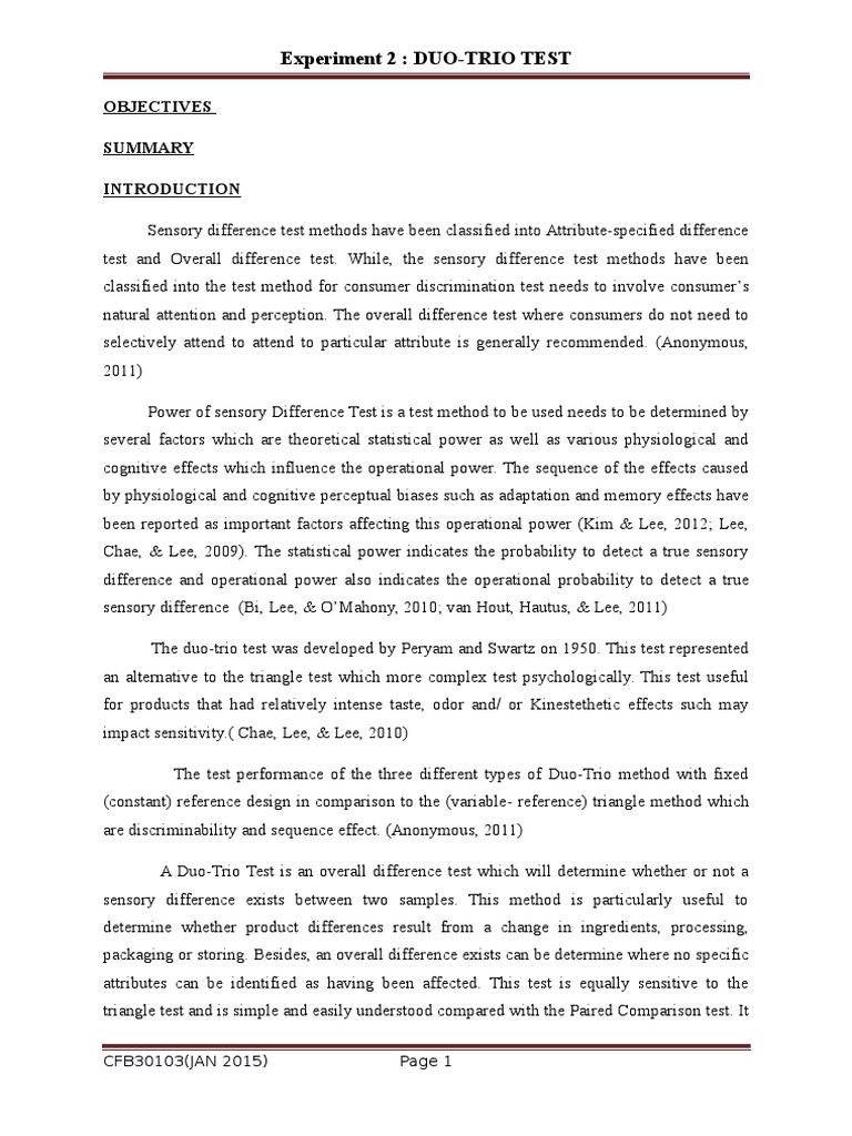 Duo Trio Test | PDF | Perception | Experiment