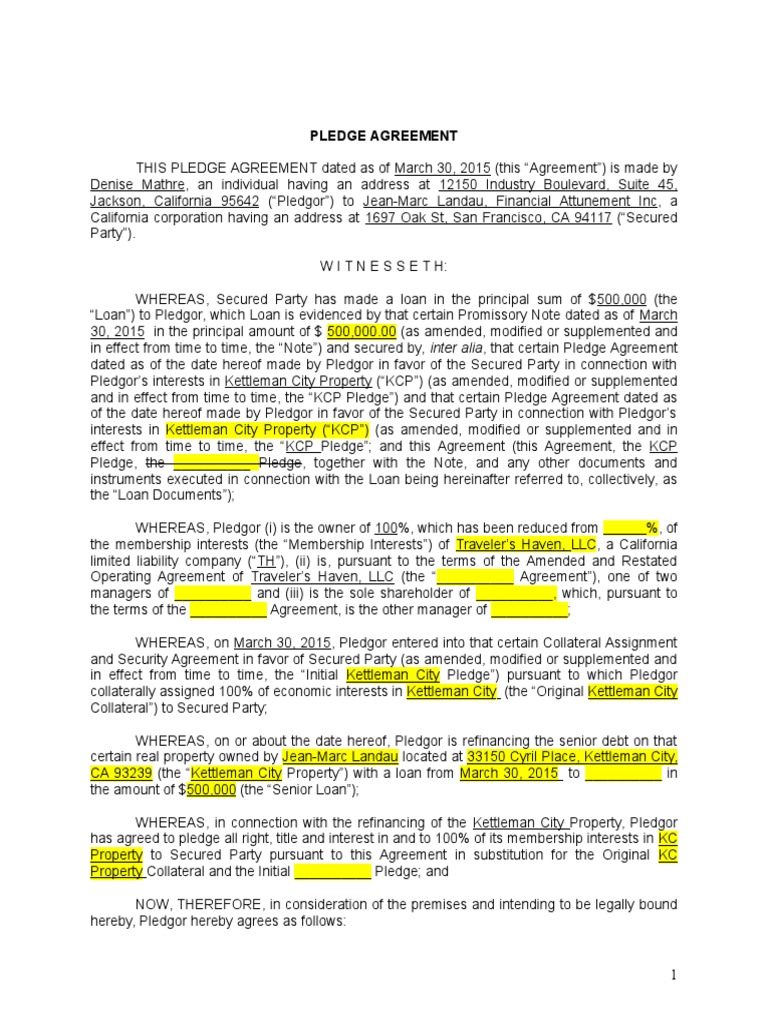 KC Pledge Agreement LLC Membership Interest PDF Security Interest