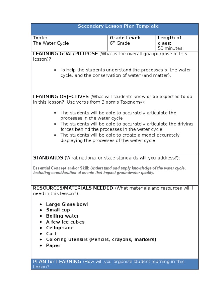 6th Grade Water Cycle Lesson Plan | PDF | Learning Styles | Lesson Plan