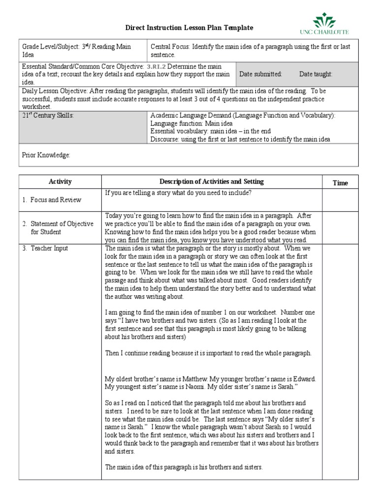Main Idea Lesson Plan Template | PDF | Lesson Plan | Applied Psychology