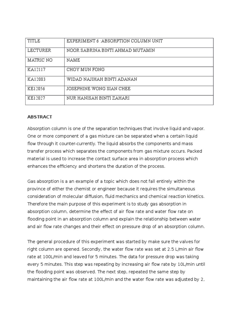 Unit Operation Lab Report | PDF | Absorption (Chemistry) | Gases