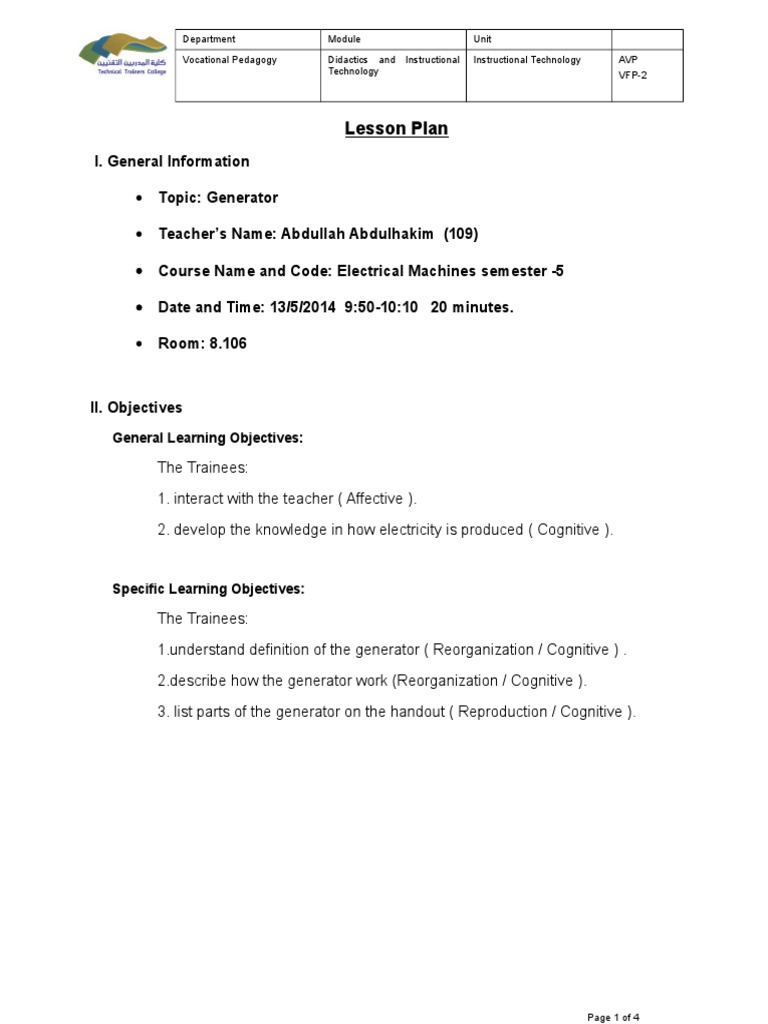 lesson plan Educational Technology Electric Generator