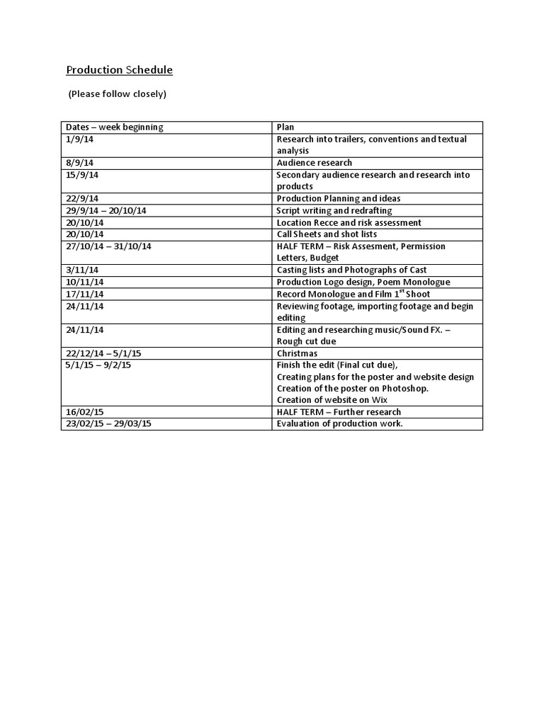 Film Production Schedule Overview | PDF