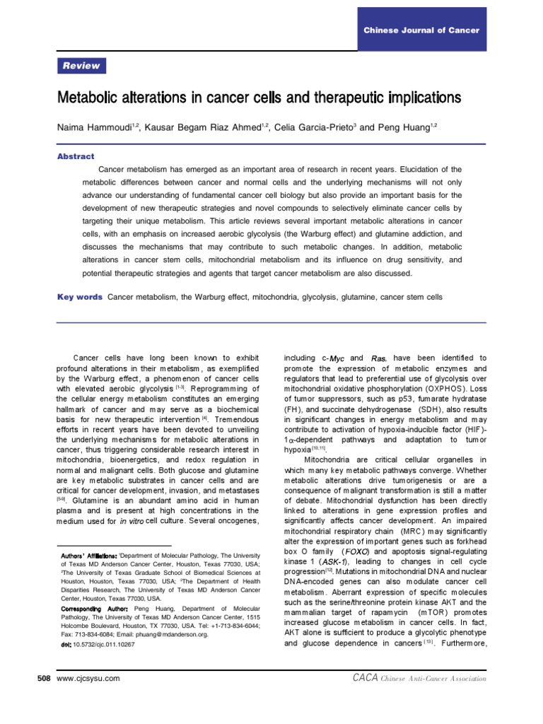 Metabolic Alterations in Cancer Cells PDF Glycolysis Protein Kinase B