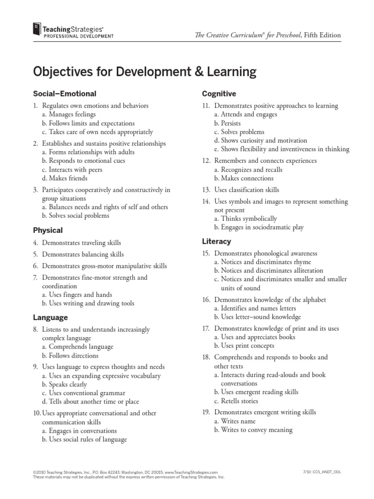 Objectives for Development & Learning SocialEmotional Cognitive