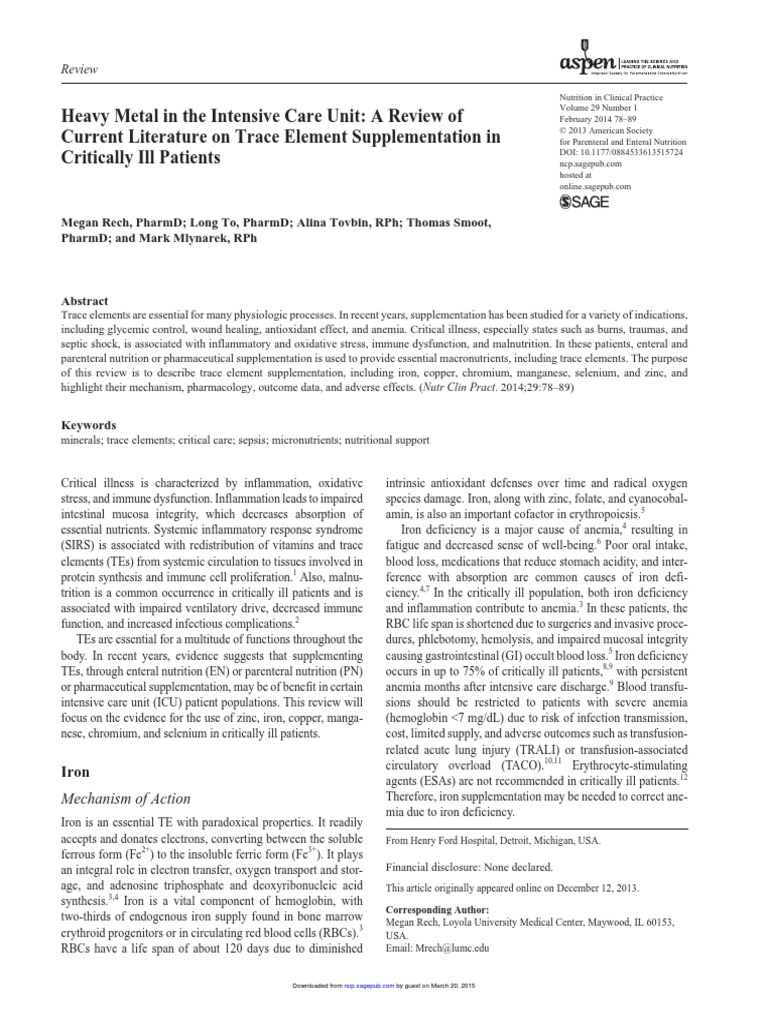 Heavy Metal in The Intensive Care Unit A Review of Current Literature