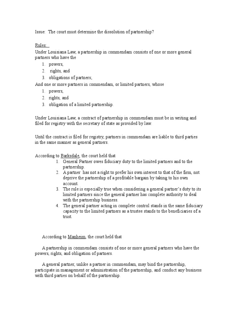 Partnership In Commendam Analysis Partnership Limited Partnership