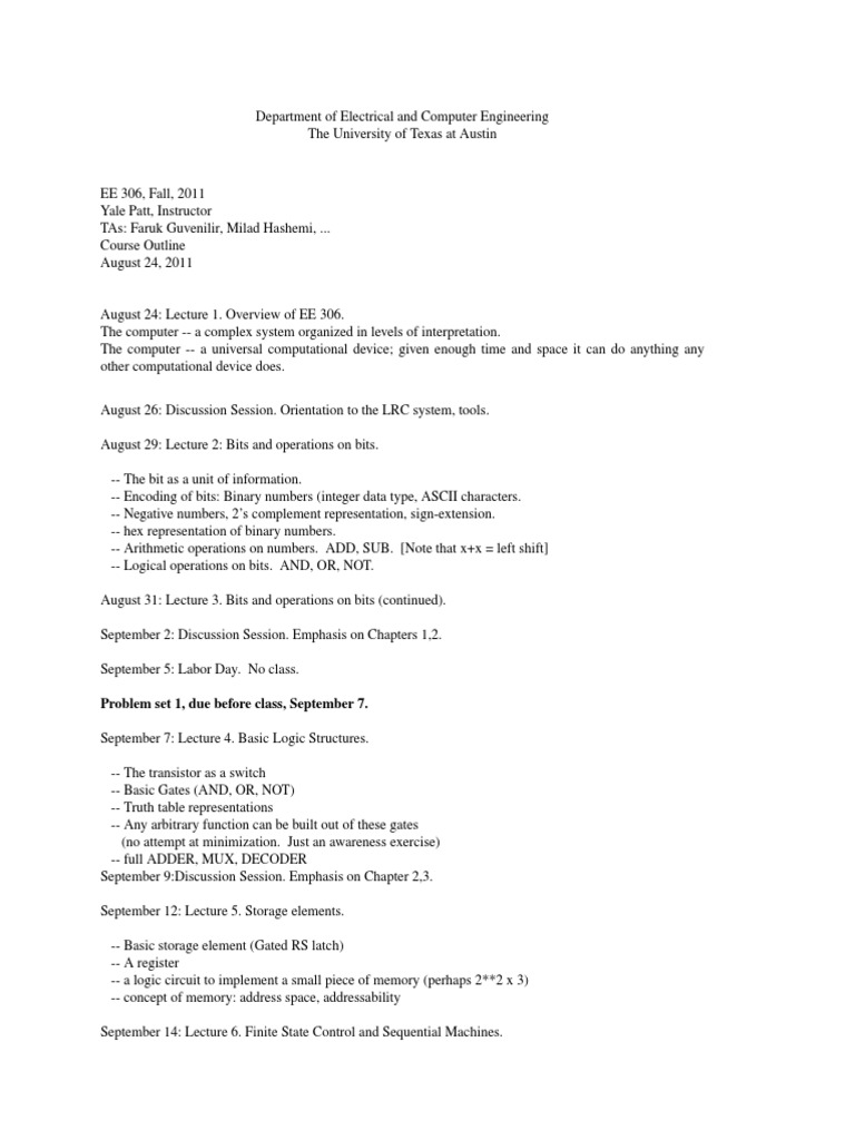 EE 306 Course Outline by Yale Patt | PDF | Instruction Set | Bit