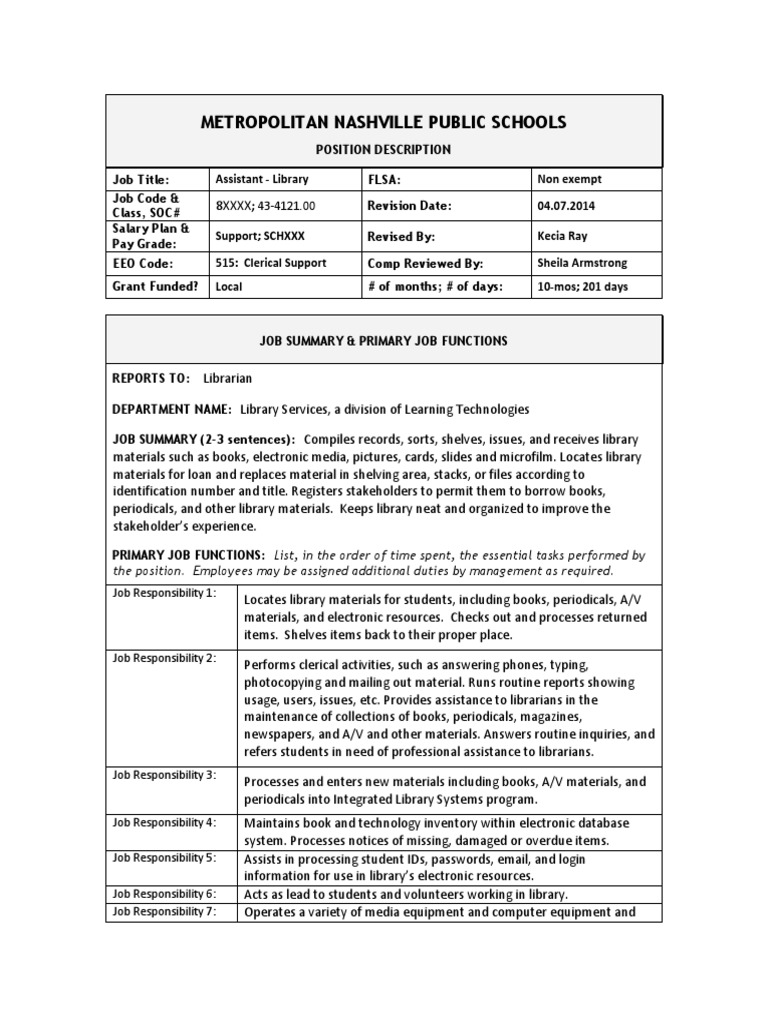 Assistant Librarian Job Description | PDF | Data | Librarian