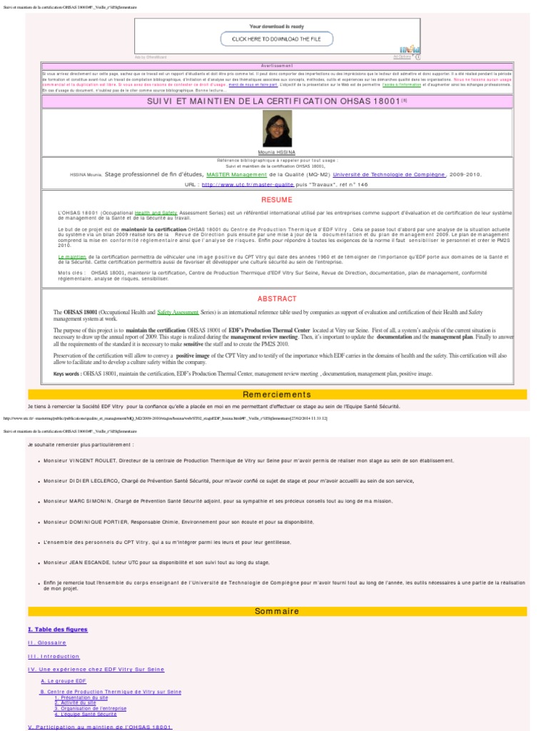 Suivi et maintien de la certification OHSAS 18001#F ...