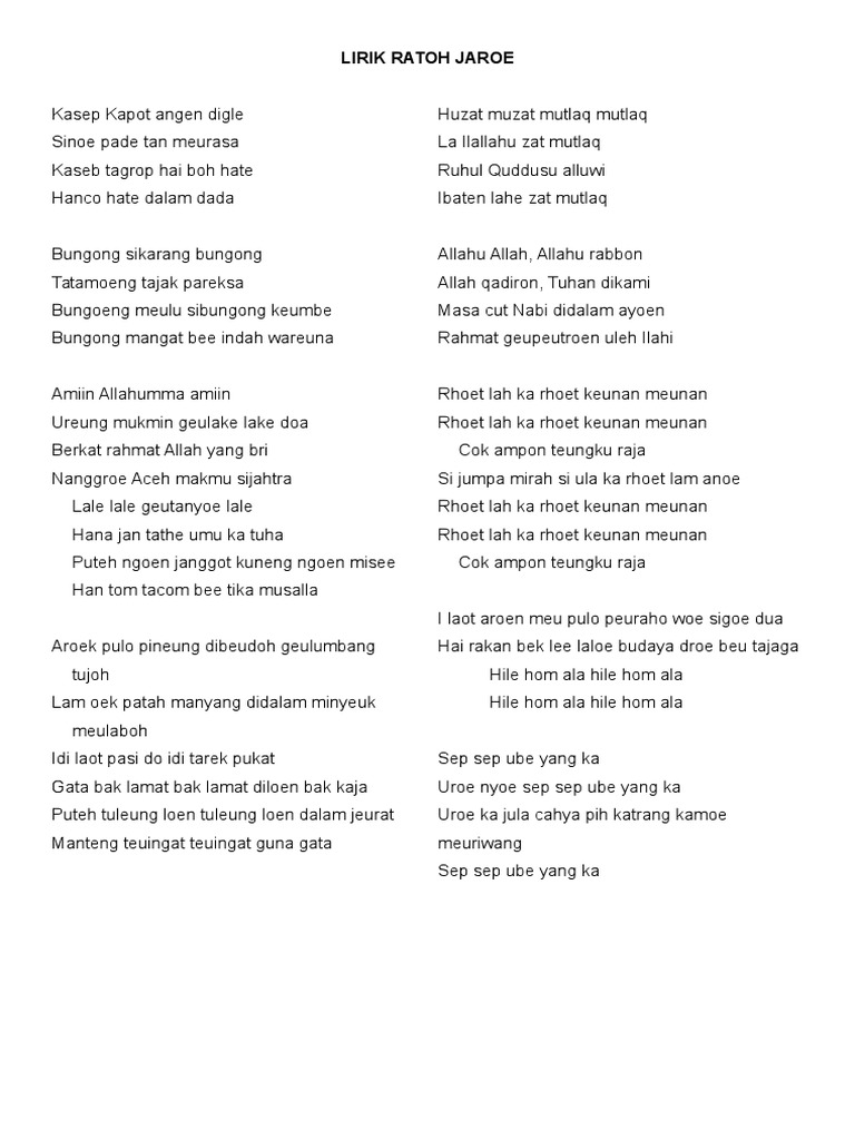 Lirik Sinopsis Tari Ratoh Jaroe Sma 4 Semarang