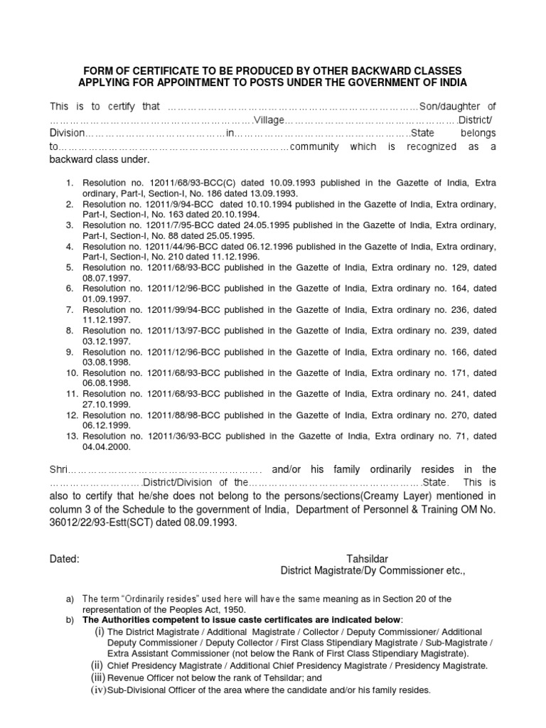 OBC Certificate Format(A4) Politics Of India Government Of India
