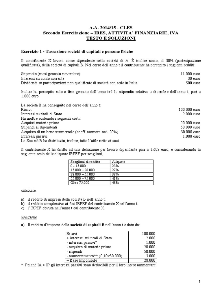 esercizi scienza delle finanze