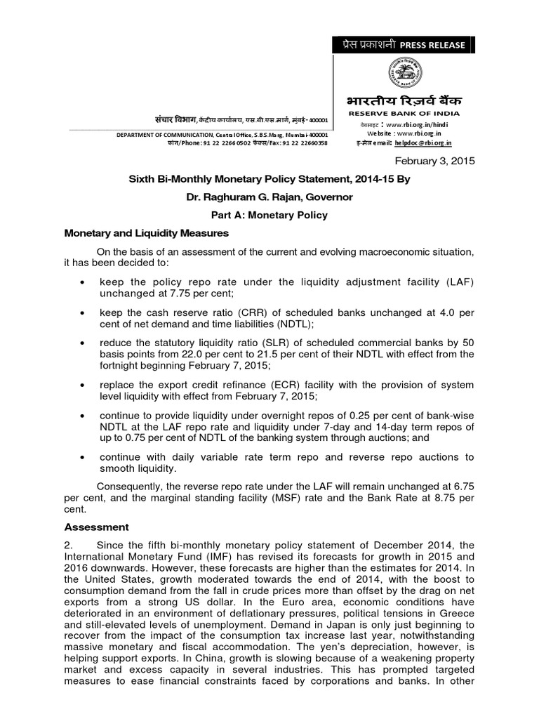 RBI Monetary Policy - 03-02-2015 | PDF | Inflation | Economic Growth