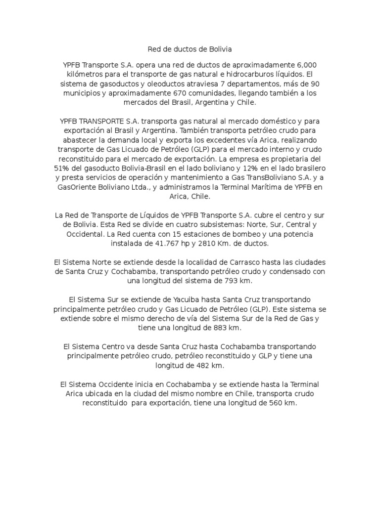 Red de Ductos de YPFB en Bolivia | PDF | Petróleo | Bolivia