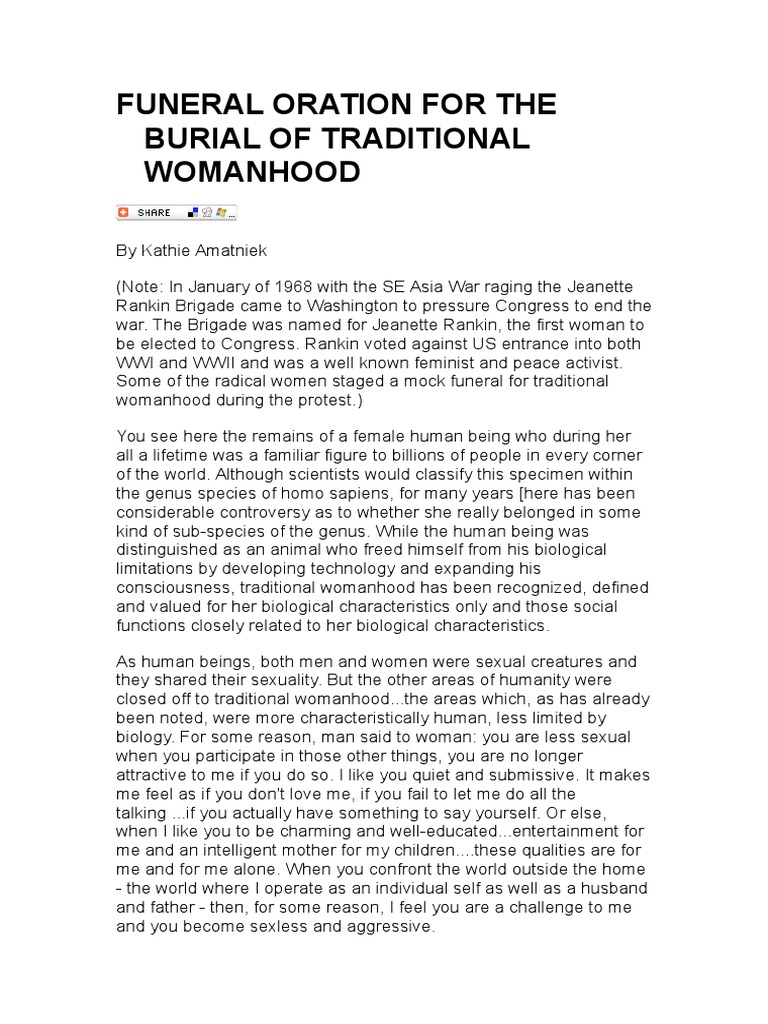 Funeral Oration For The Burial of Traditional Womanhood PDF Man Woman