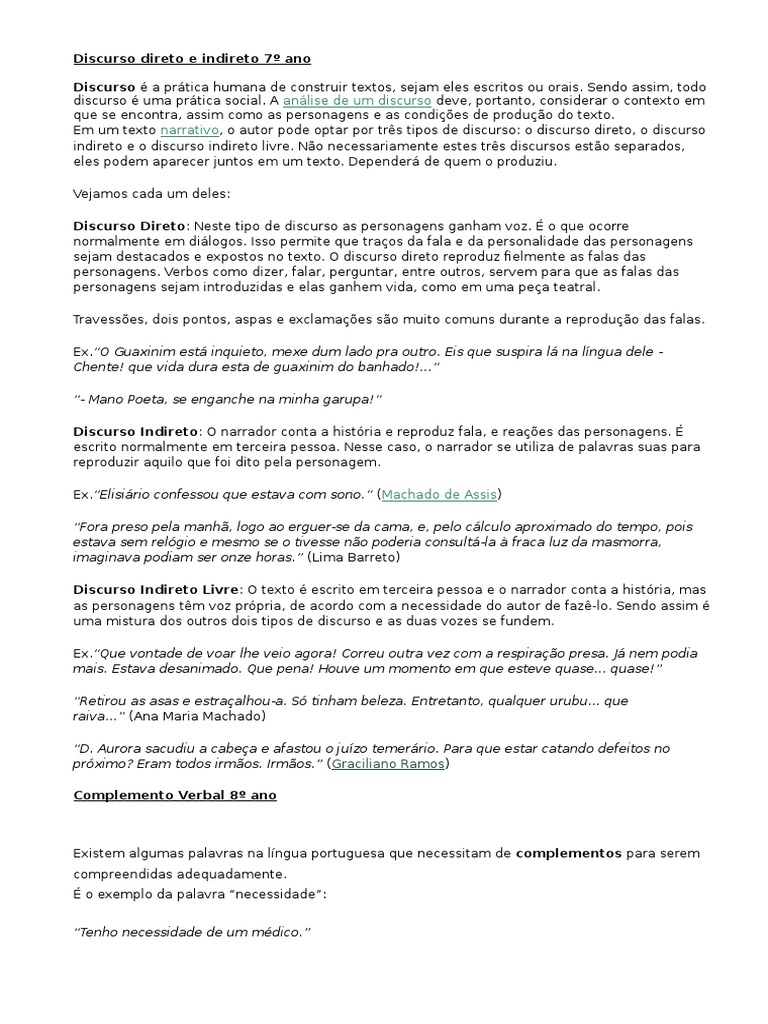 Exercícios Discurso Direto E Indireto 7 Ano Com Gabarito
