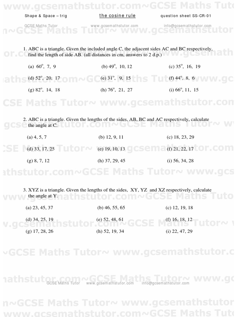 GCSE Cosine Rule Question Sheet | PDF | Trigonometry | Triangle