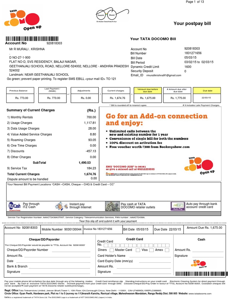 TATA DOCOMO Bill Summary and Payment Details | PDF | Credit Card | Cheque