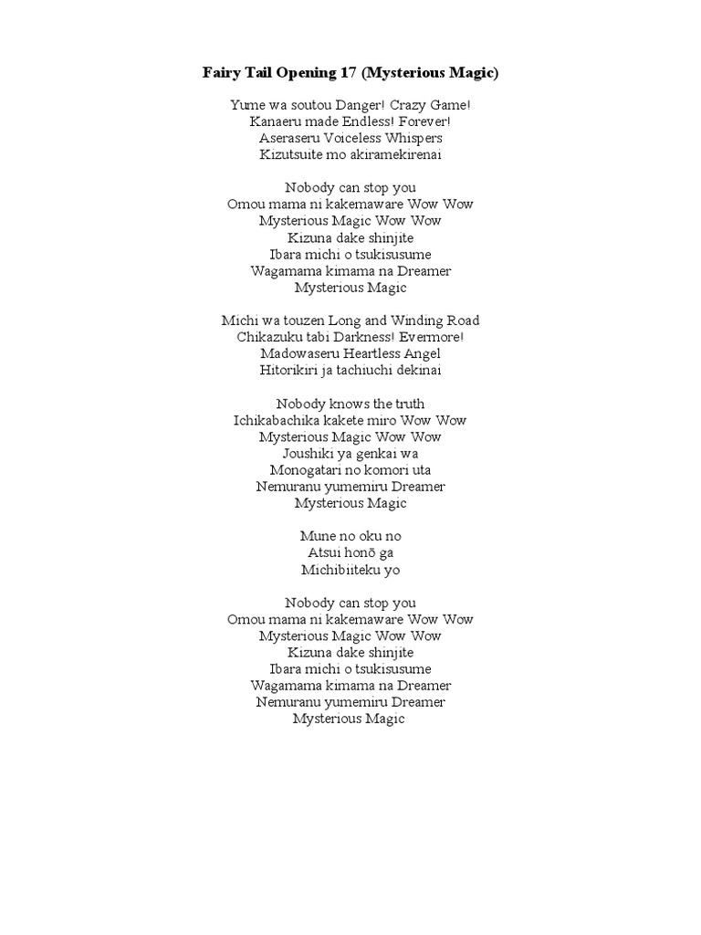 Fairy Tail Opening 17 Lyrics