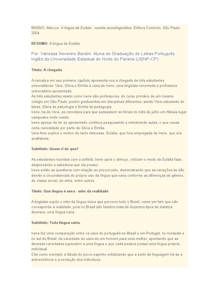 Resumo Critico Do Livro A Lingua De Eulalia