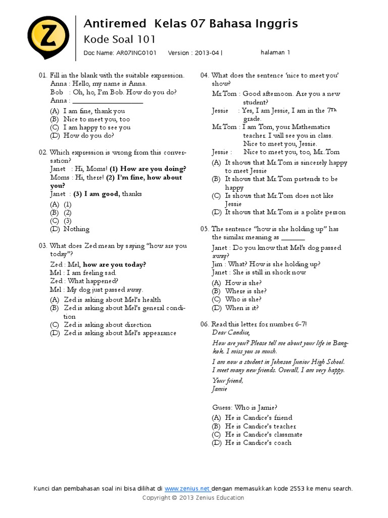 Soal Bahasa Inggris Smp Kelas 7 1 15soal Pdf