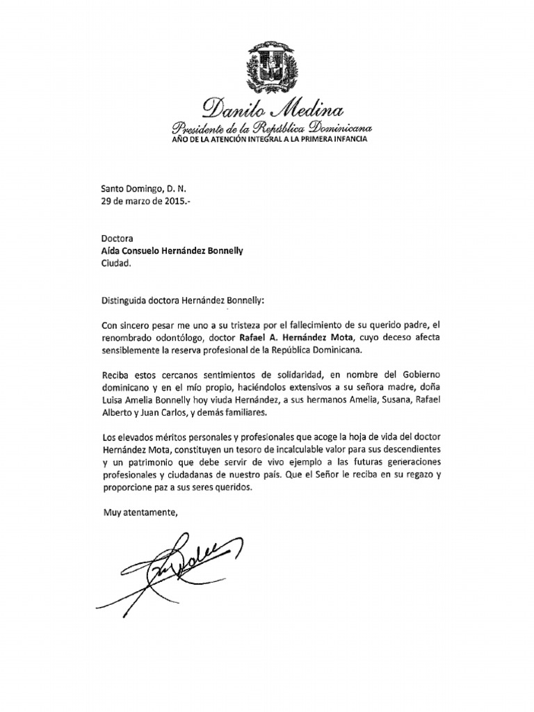 Carta de condolencias del presidente Danilo Medina para 