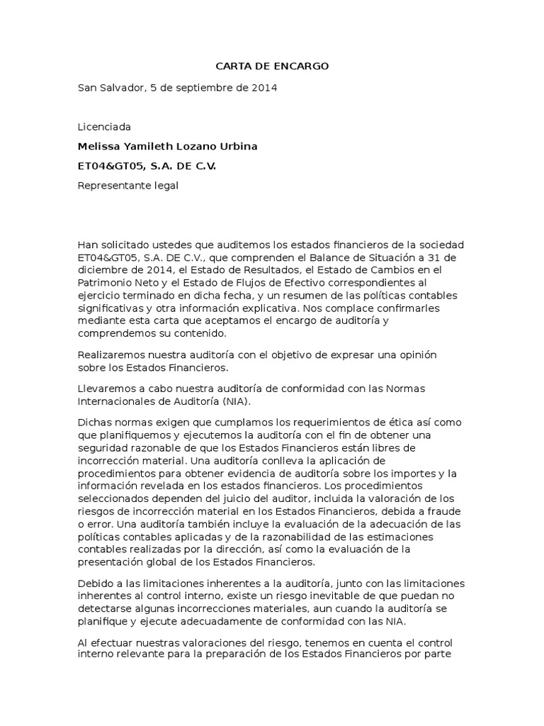 Carta de Encargo Auditoría financiera Contabilidad