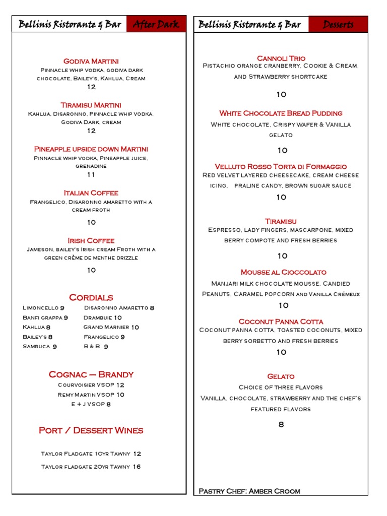 Bellinis Ristorante Dessert Menu | PDF | Cooking, Food & Wine